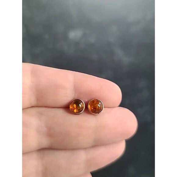 925 Sterling Silver Real Amber Circular Stud Earrings Vintage - Picture 4 of 10
